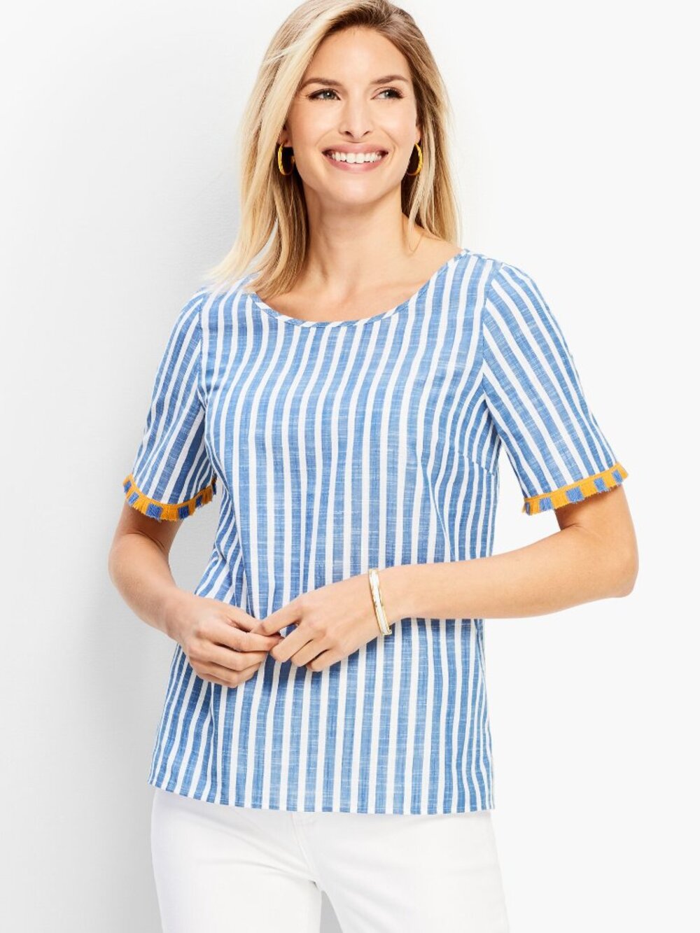 Talbots Blue Stripe Cotton Fringe Trim Round Neck Top